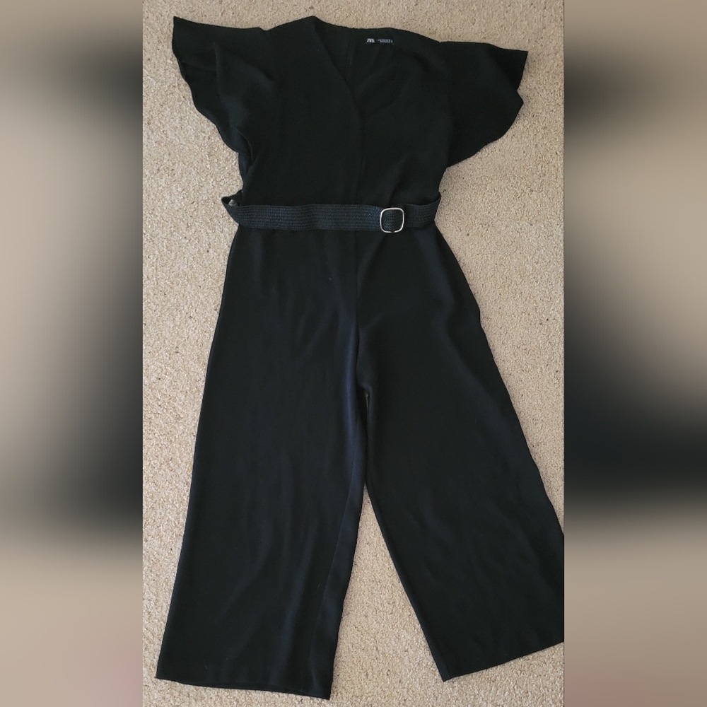 Zara Black Wide Leg Ruffled Short Sleeve Belted Women’s Jumpsuit - Picture 2 of 5